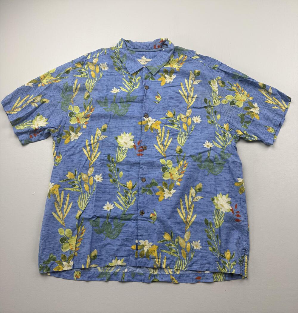 Tommy Bahama Shirt Mens XL Blue Floral Short Sleeve Silk Button Up Tropical